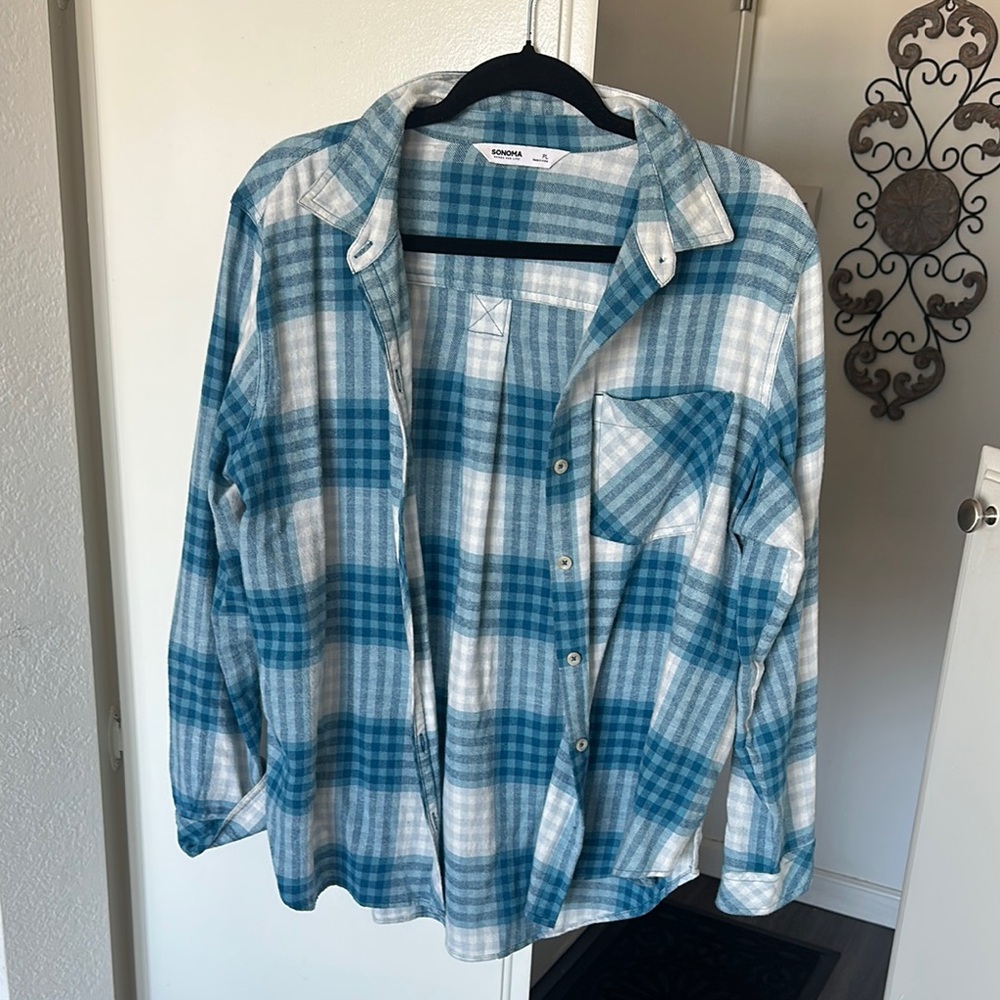 Blue and White Plaid Button-Up Shirt